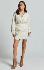 Lilianna Mini Dress - V Neck Long Sleeve Wrap Dress in Cream