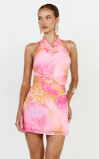 Elouise Mini Dress - Halter Cowl Neck Dress in Hot House Orchid Print