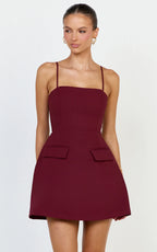 Katia Mini Dress - Strappy Corset A Line Dress in Wine