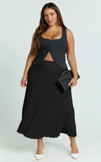 Harlee Midi Skirt - Pleated High Waist A Line Skirt in Black