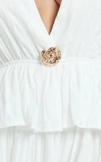 Heidi Midi Dress - Deep V Plunge Halter Neck Brooch Detail Split Skirt Dress in White
