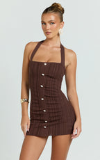 Julie Mini Dress - Halter Neck Button Front Bodycon Dress in Brown