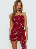 Karlena Strapless Ruched Mini Dress Burgundy Polka Dot