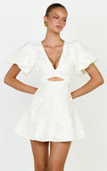 Rosalie Mini Dress - Floral Jacquard V Neck Fit and Flare Dress in White