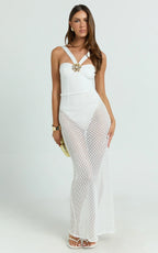 Adalia Maxi Dress - Strappy Hardware Rosette Trim Jersey Bodysuit Crochet Column Skirt Dress in Off White