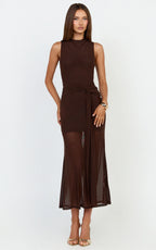 Jaimae Midi Dress - High Neck Side Knot Detail Mesh Dress in Chocolate