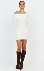 Tess Mini Dress - Asymmetric Off Shoulder Long Sleeve Knit Dress in Cream