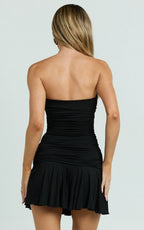 Fran Mini Dress - Ruched Side Strapless Fit And Flare Dress in Black