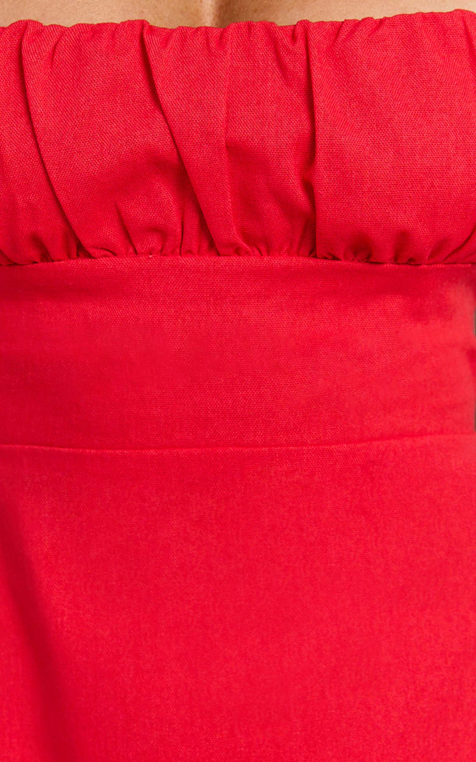 Ginny Mini Dress - Square Neck Ruched Bodice Puff Sleeve Straight Dress in Red