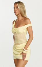 Lola Mini Dress - One Shoulder Contrast Bodycon Dress in Lemon