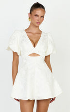 Rosalie Mini Dress - Floral Jacquard V Neck Fit and Flare Dress in White