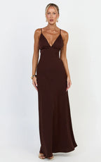 Azura Maxi Dress - Backless Beaded Trim Dress in Chocolate