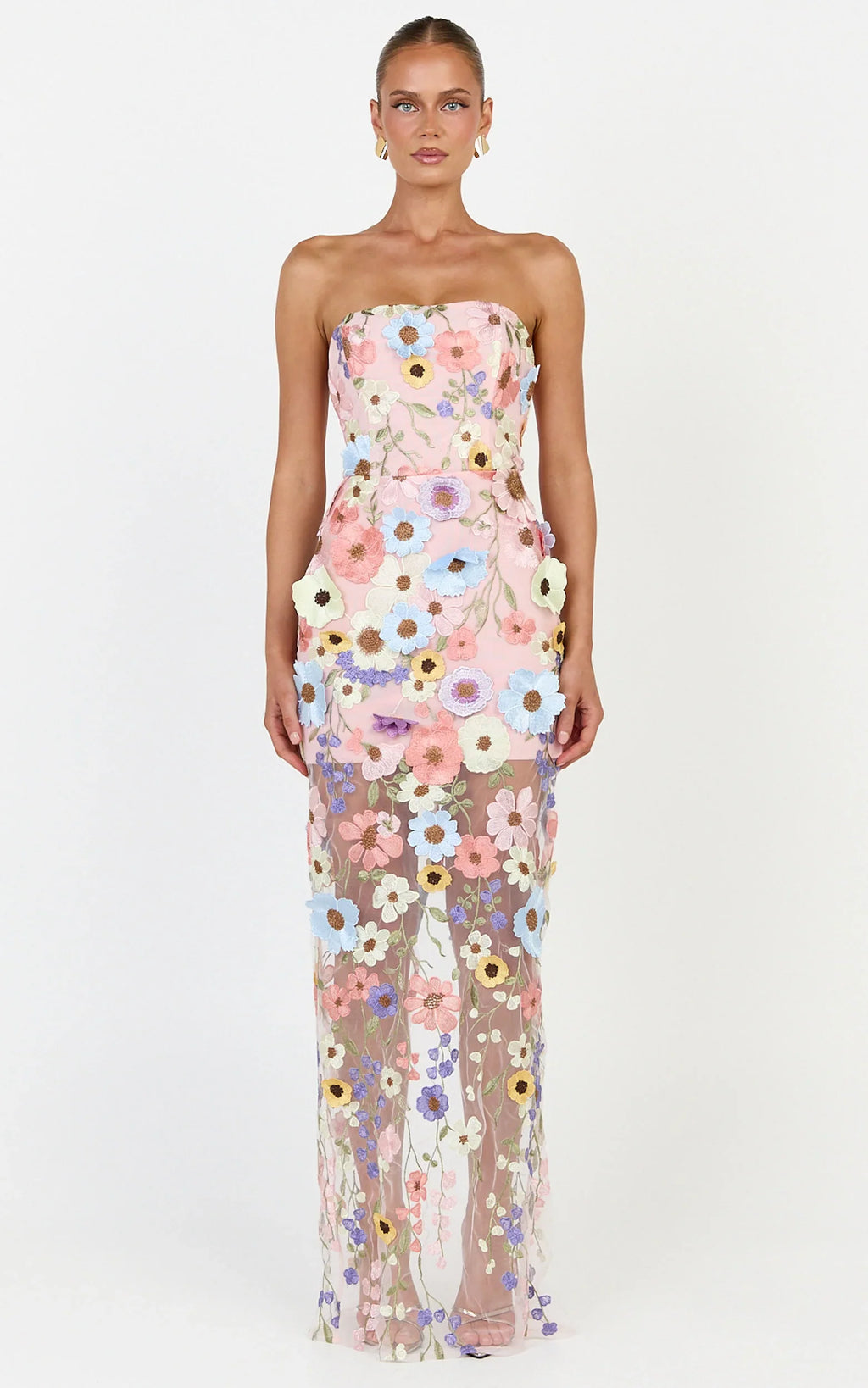 Sienna Maxi Dress - 3D Floral Strapless Column Dress in Multi