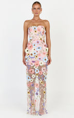 Sienna Maxi Dress - 3D Floral Strapless Column Dress in Multi