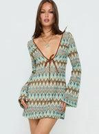 Rizario Long Sleeve Crochet Mini Dress Blue Multi