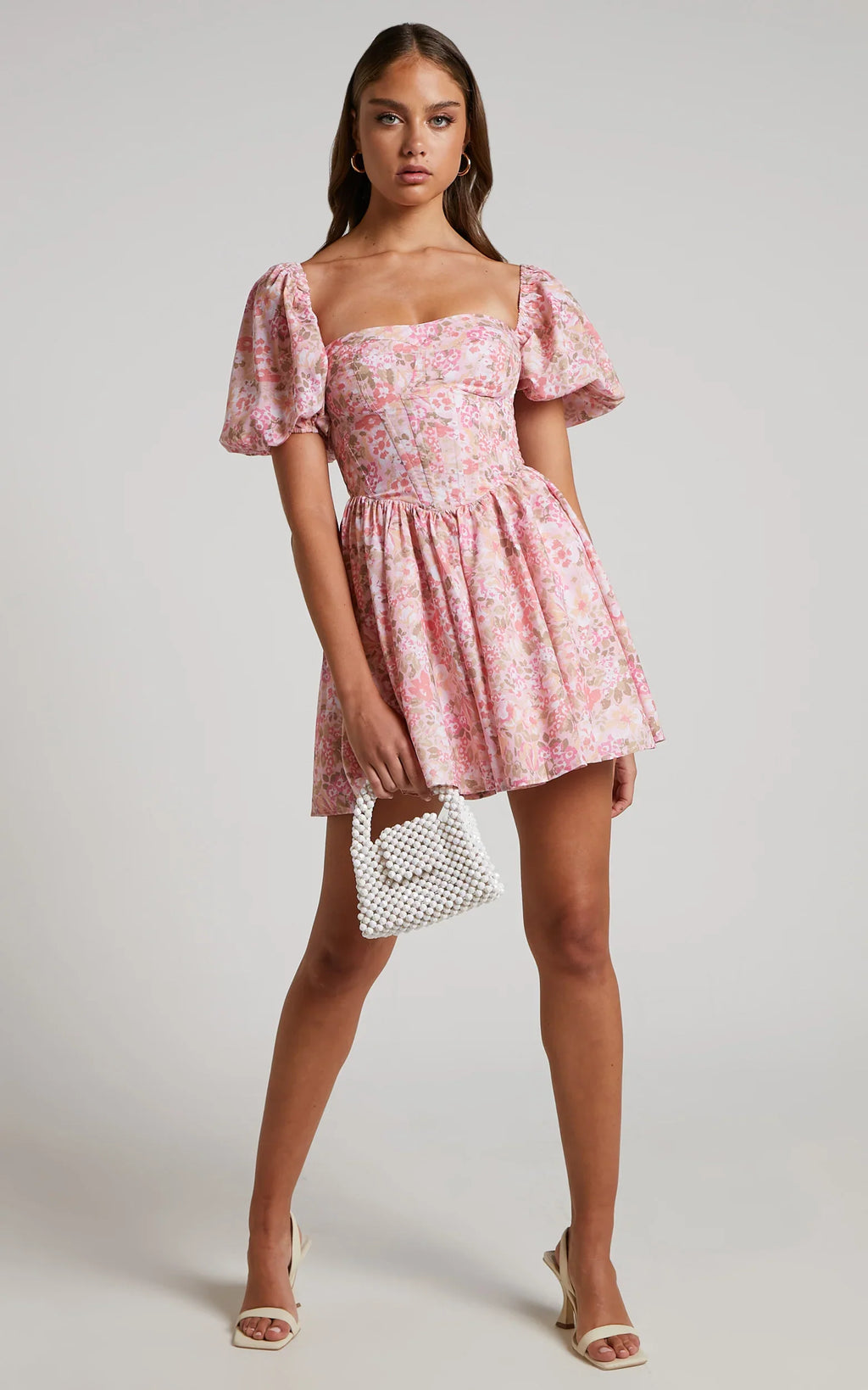Phorchia Mini Dress - Fit and Flare Puff Sleeve Corset Dress in Fleur Print