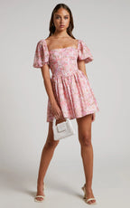 Phorchia Mini Dress - Fit and Flare Puff Sleeve Corset Dress in Fleur Print