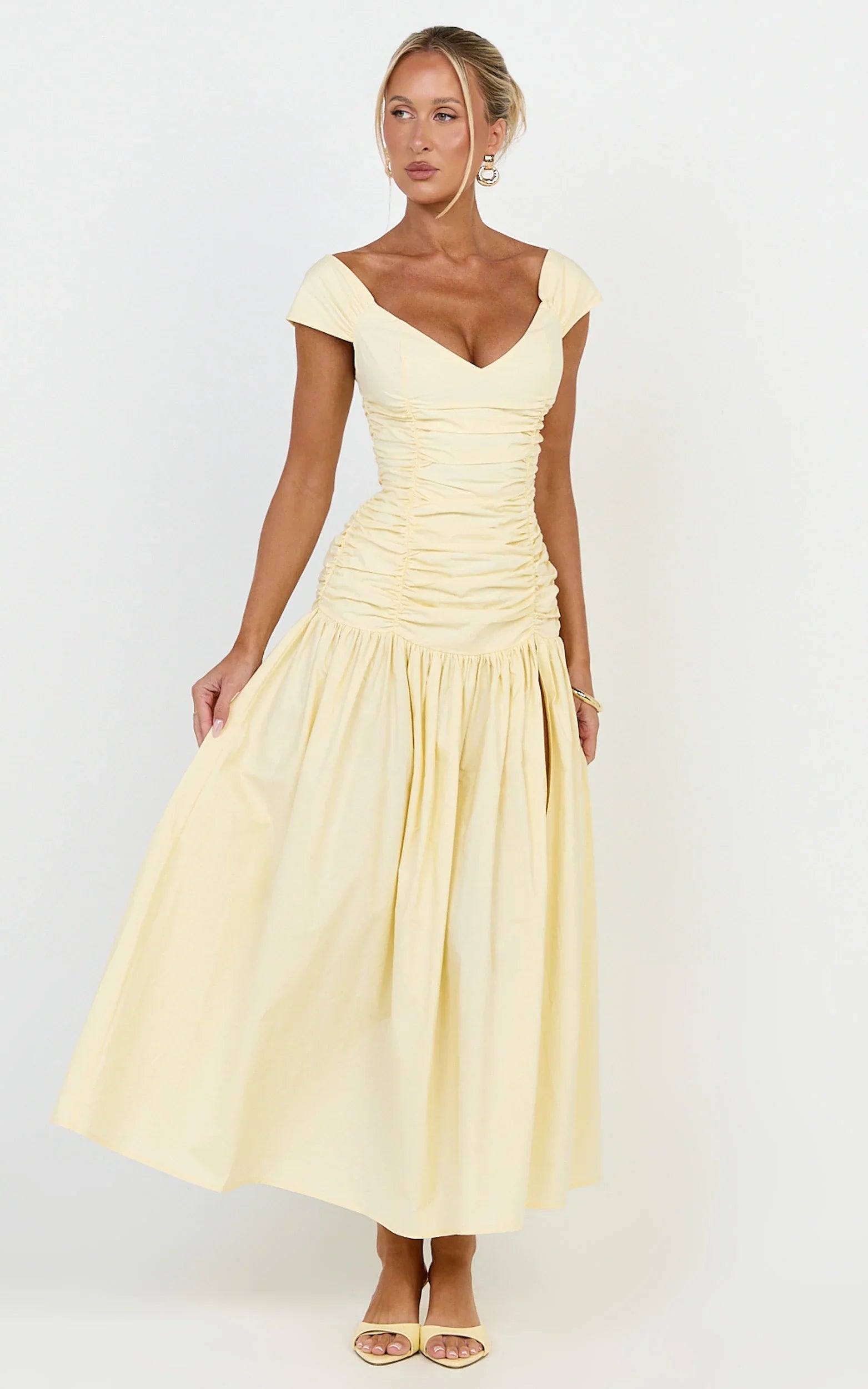 Saphira Midi Dress - Off Shoulder Plunge Frill Hem Dress in Lemon