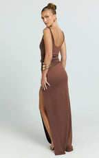 Alberta Maxi Dress - Spliced Sheer Lace Column Dress in Mocha