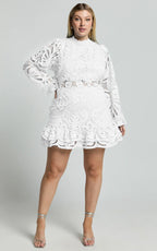 Kiss Me Now Mini Dress - Long Puff Sleeve Dress in White Lace