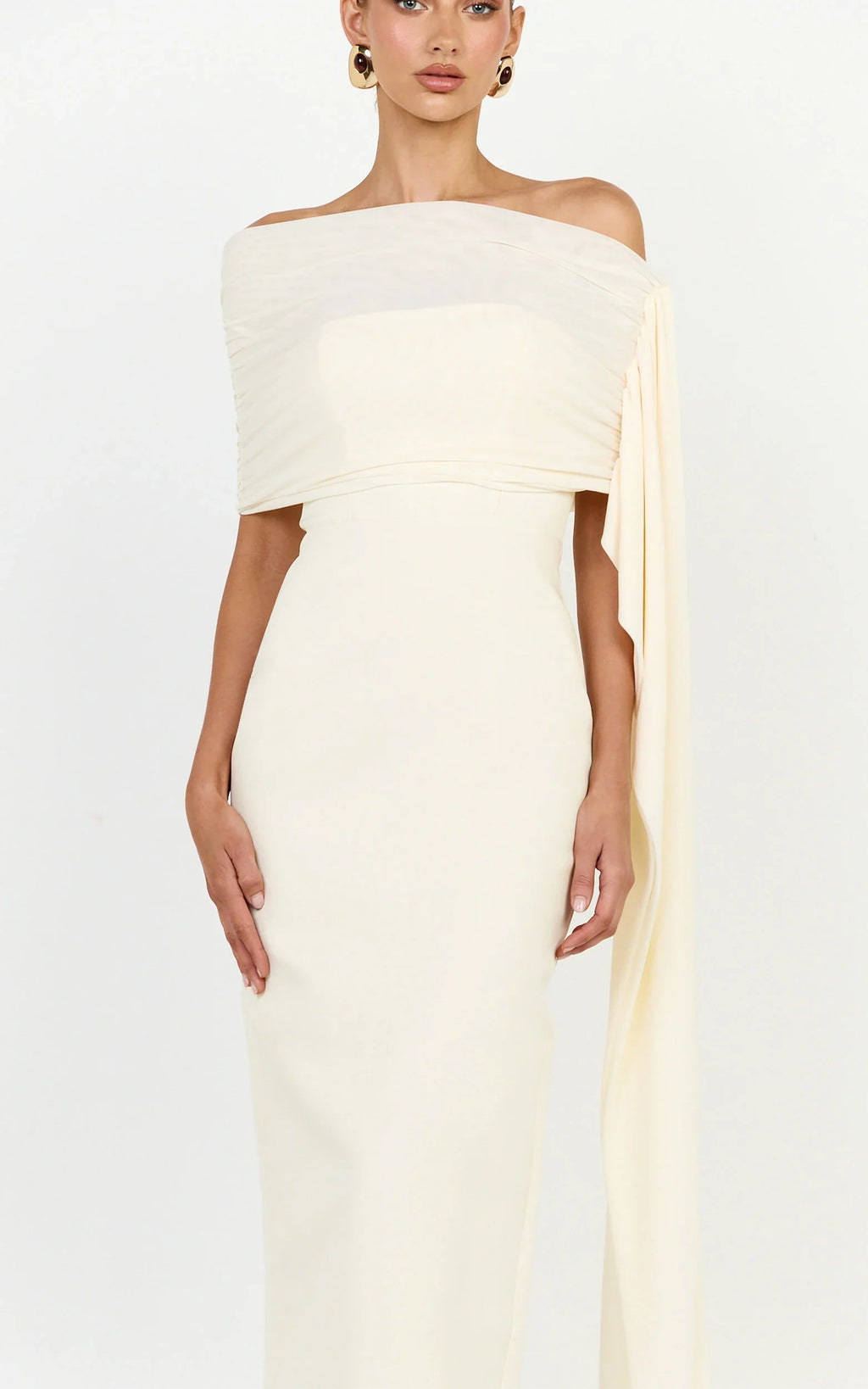 Elina Maxi Dress - Off Shoulder Contrast Mesh Draped Overlay Dress in Cream