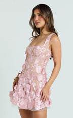 Sienna Mini Dress - 3D Floral Fit And Flare Dress in Pink