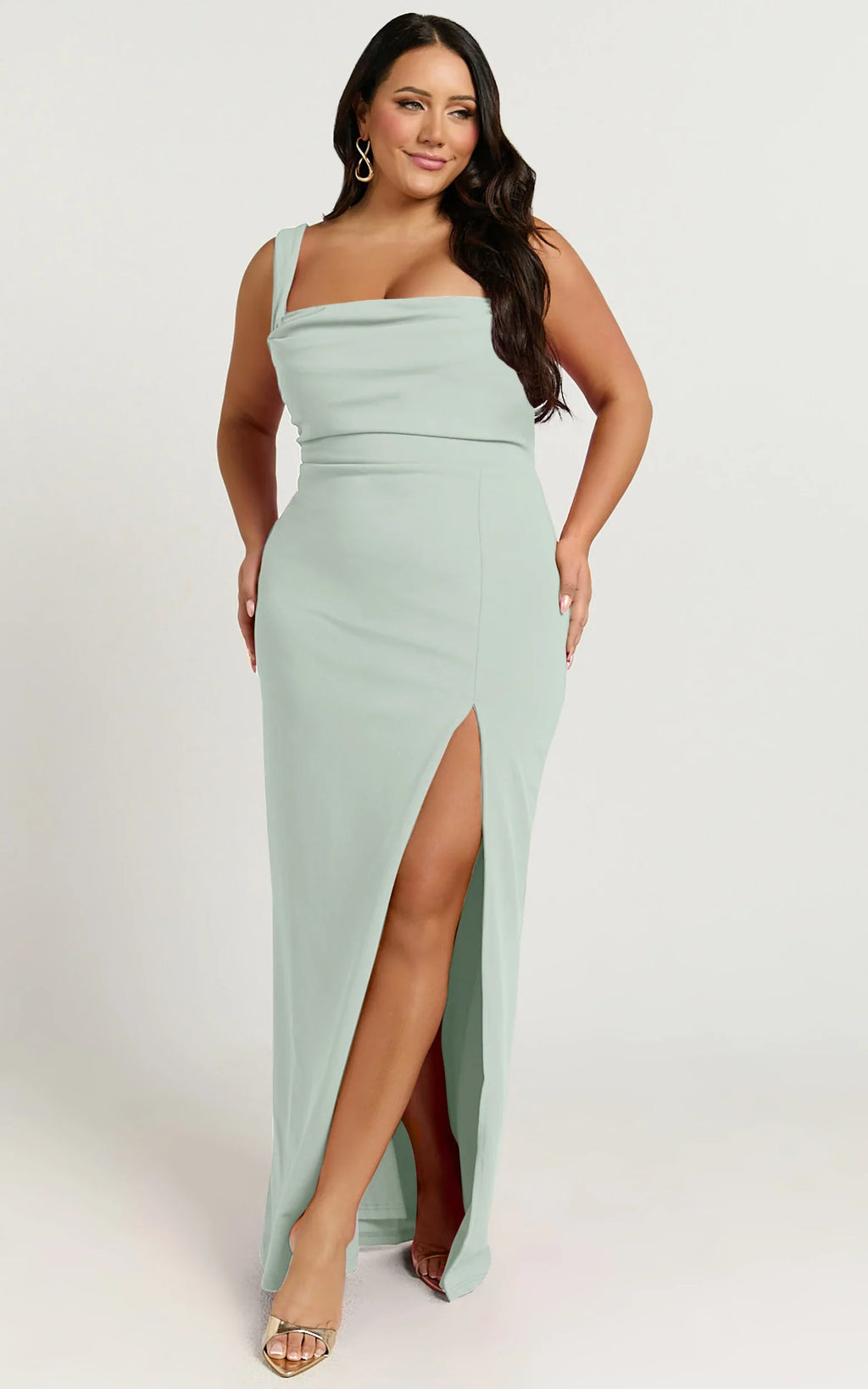 Donna Maxi Dress - Cowl Neck Column High Split Dress in Sage
