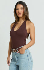 Suzanna Bodysuit - V Neck Halter Bodysuit in Chocolate