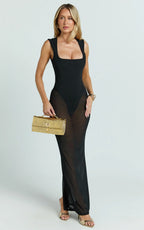 Morgana Maxi Dress - Mesh Square Neck Cap Sleeve Sheer Dress in Black
