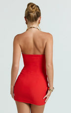 Natalie Mini Dress - Strapless Draped Skirt Dress in Red