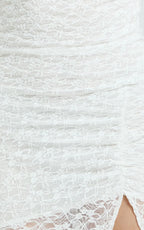 Karlene Midi Dress - Stretch Lace Long Sleeve Ruched Split Hem Dress in Ivory