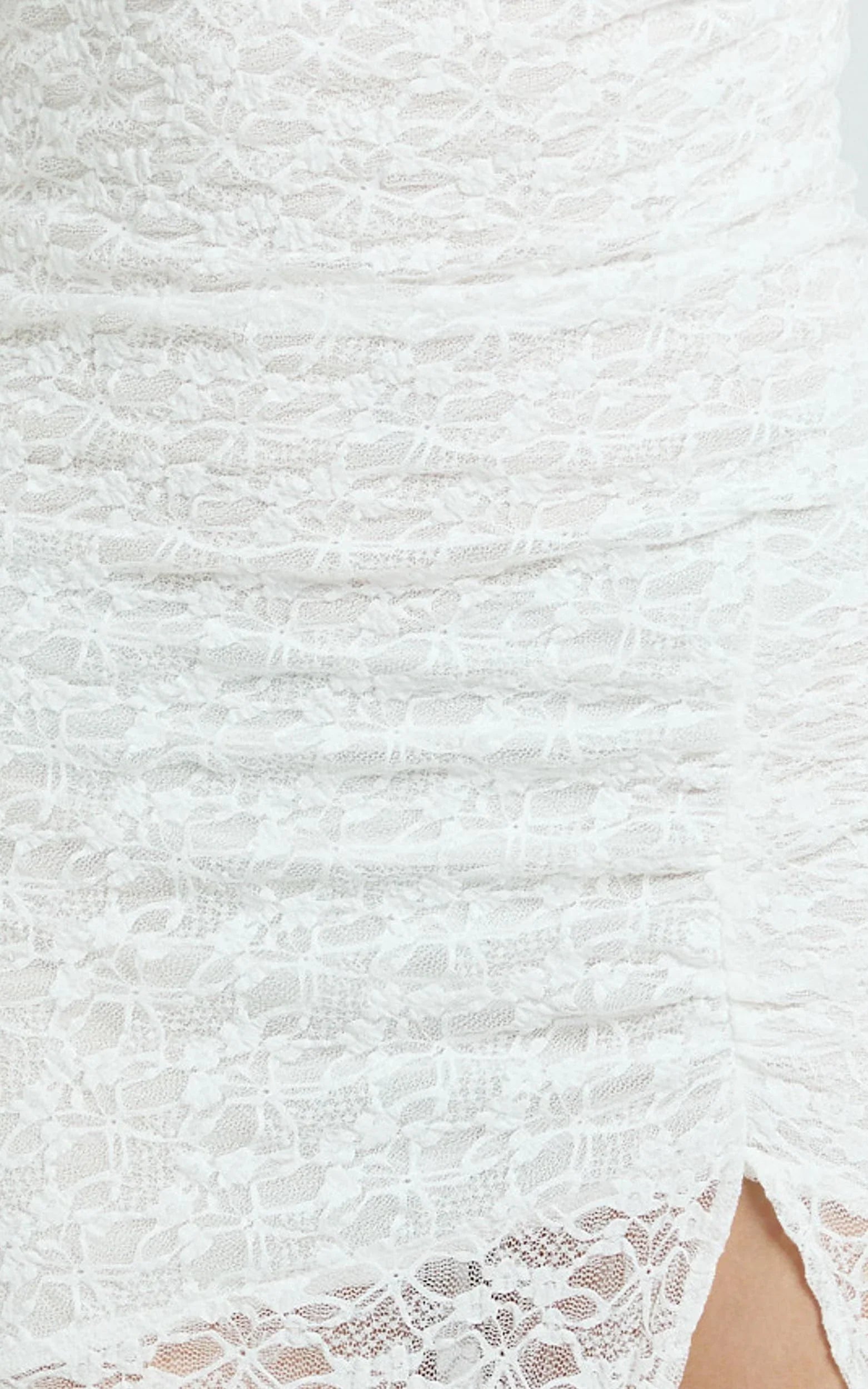 Karlene Midi Dress - Stretch Lace Long Sleeve Ruched Split Hem Dress in Ivory