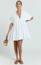 Calissa Mini Dress - Frill Hem Smock Dress in White