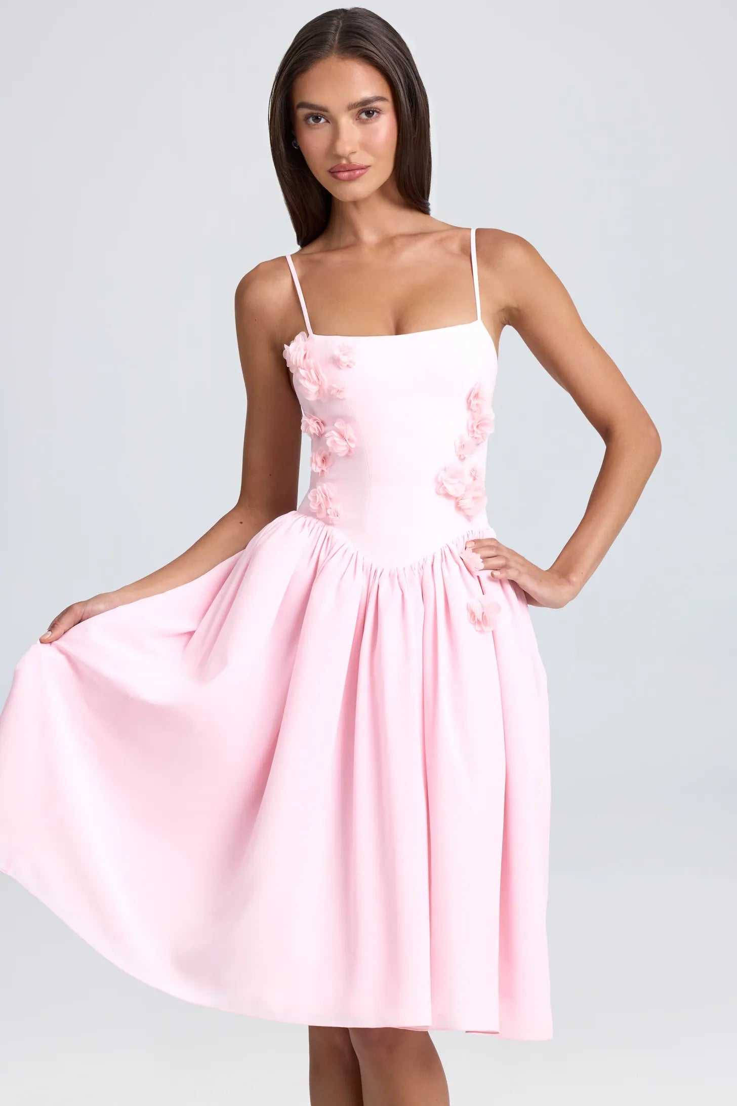 Floral-Appliqué Midi Dress in Ivory