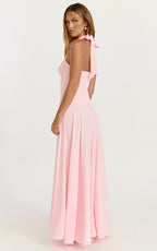 Poppy Maxi Dress - Contrast Skirt Deep Plunge Halter Dress in Soft Pink
