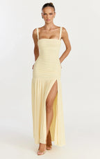 Cardi Maxi Dress - Ruched Mesh High Leg Split Dress in Lemon