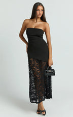 Mila Midi Dress - Strapless Dropped Waist Dress in Black