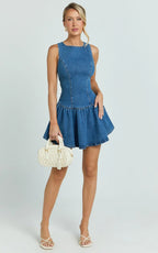 Vera Mini Dress - Boat Neck Drop Waist Fit And Flare Denim Dress in Mid Blue Wash