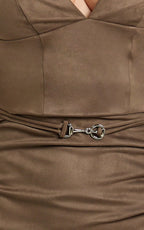 Desi Midi Dress - Spaghetti Strap V Neck Front Leg Split Dress in Chocolate