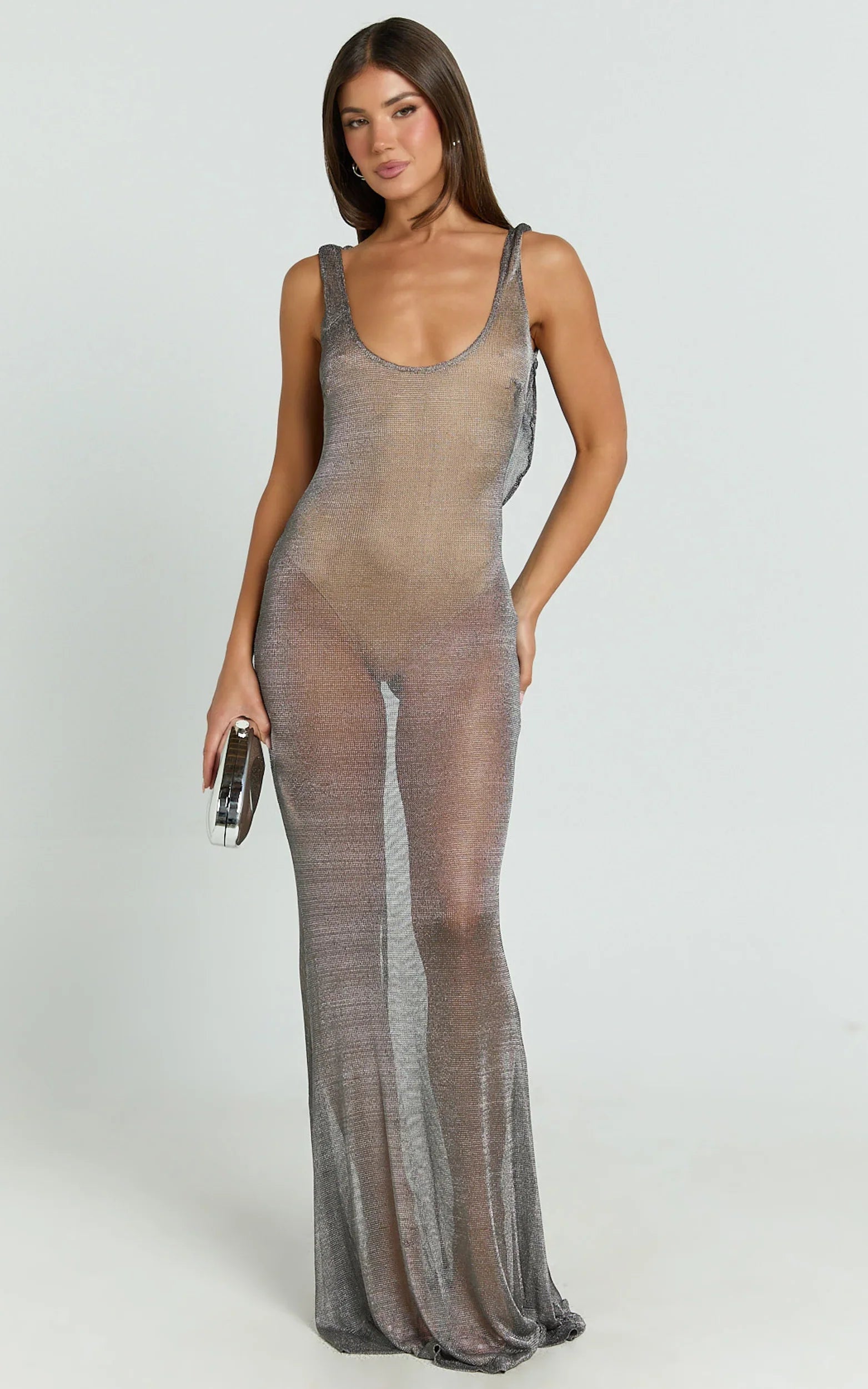 Yelena Maxi Dress - Plunge Glitter Jersey Bodycon Dress in Charcoal