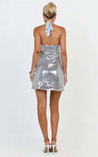 Grace Mini Dress - Twisted Bust A Line Sequin Dress in Grey