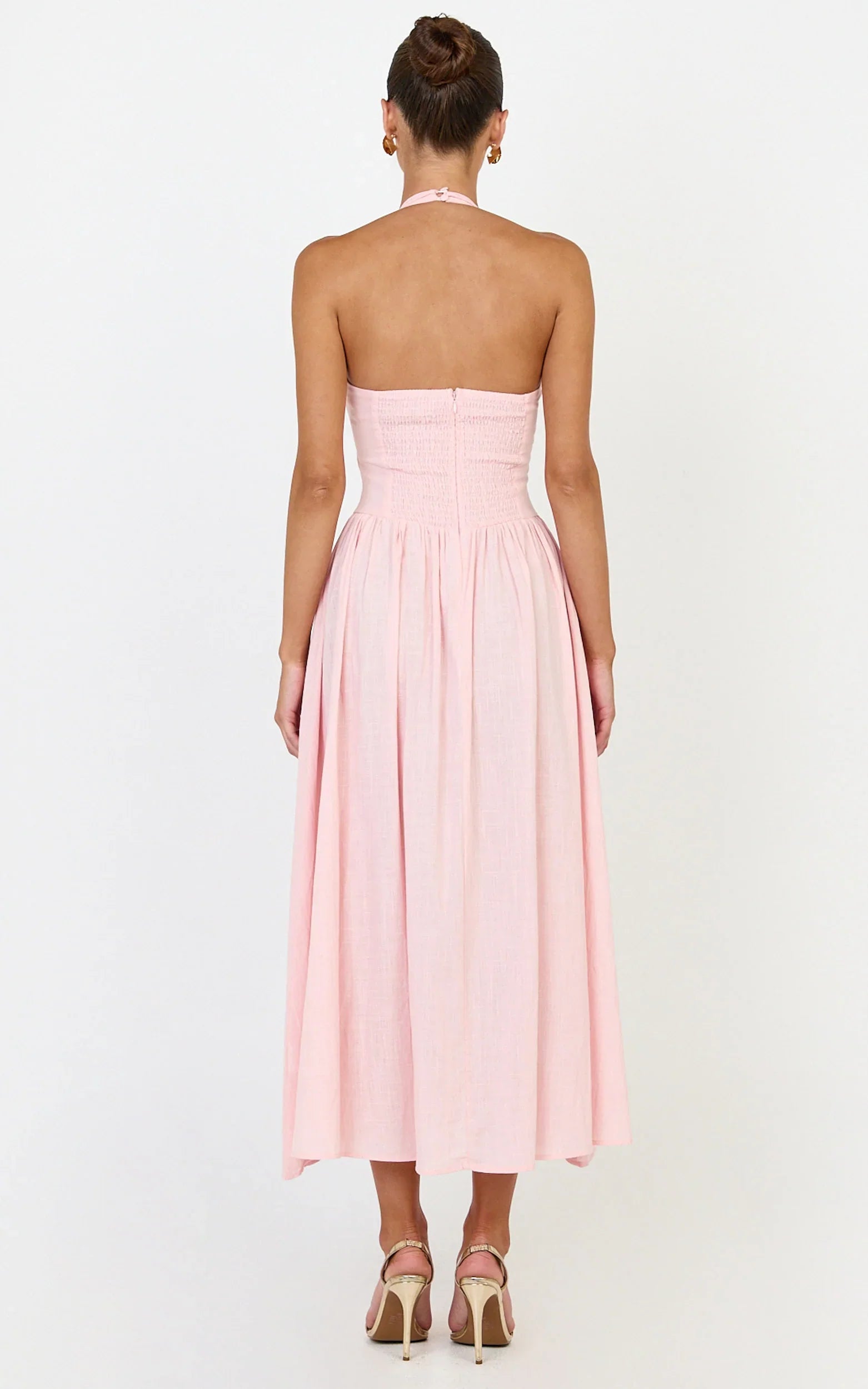 Athena Midi Dress - Halter Drop Waist Dress in Pink