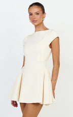 Lorayne Mini Dress - Cap Sleeve Gathered Hip Tie Back Mini Dress in Cream
