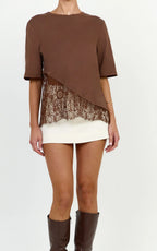 Abby Top - Asym Tee with Lace Trim in Chocolate