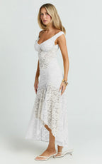 Tatum Midi Dress - Lace Off Shoulder Side Split Dress in Off White