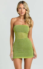 Tyla Mini Dress - Strapless Lurex Bodycon Dress in Sage