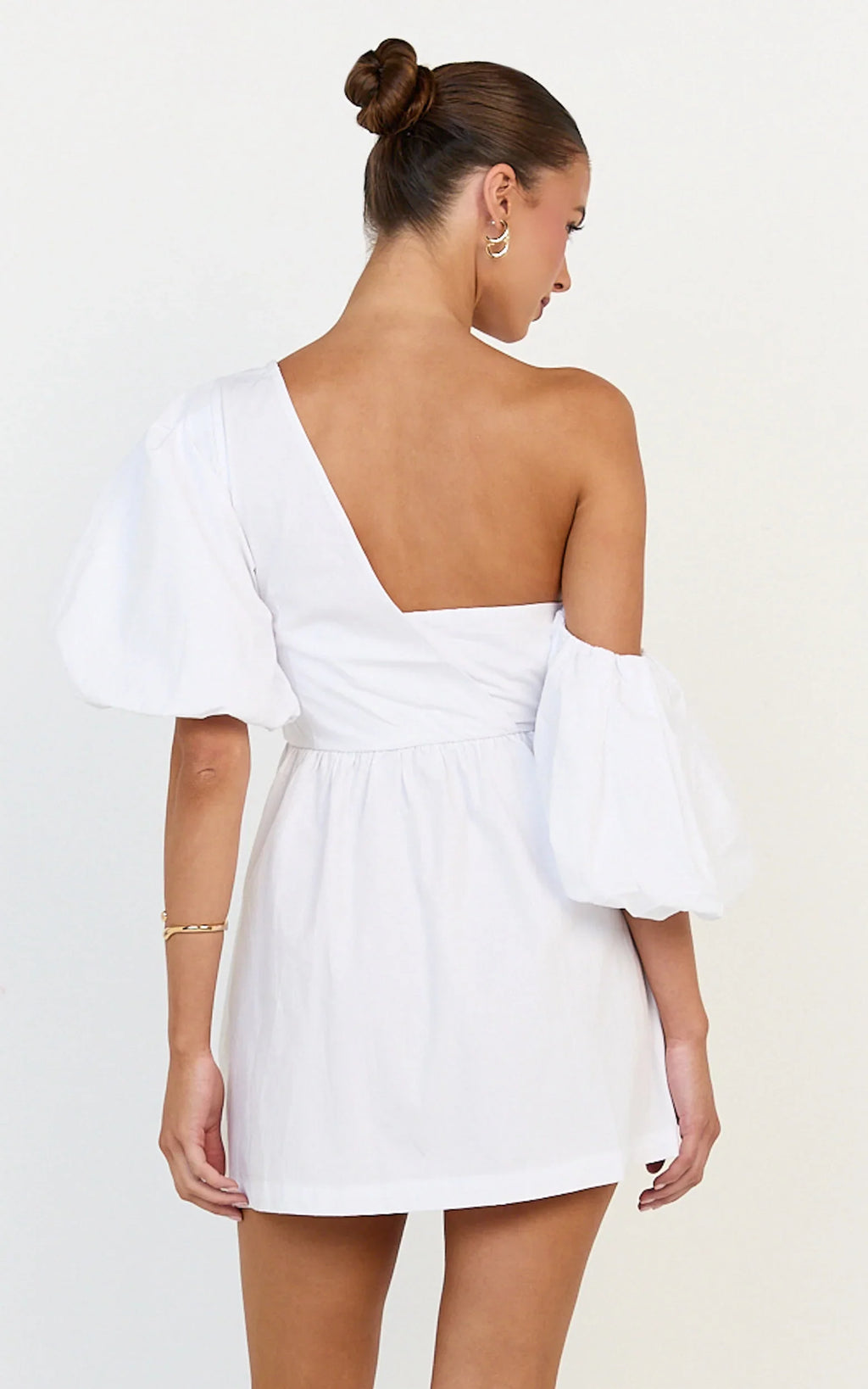 Sula Mini Dress - Asymmetric Off One Shoulder Puff Sleeve Dress in White