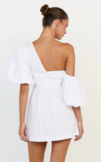 Sula Mini Dress - Asymmetric Off One Shoulder Puff Sleeve Dress in White