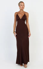 Azura Maxi Dress - Backless Beaded Trim Dress in Chocolate