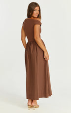 Jhamie Midi Dress - One Shoulder Contrast Skirt Dress in Chocolate